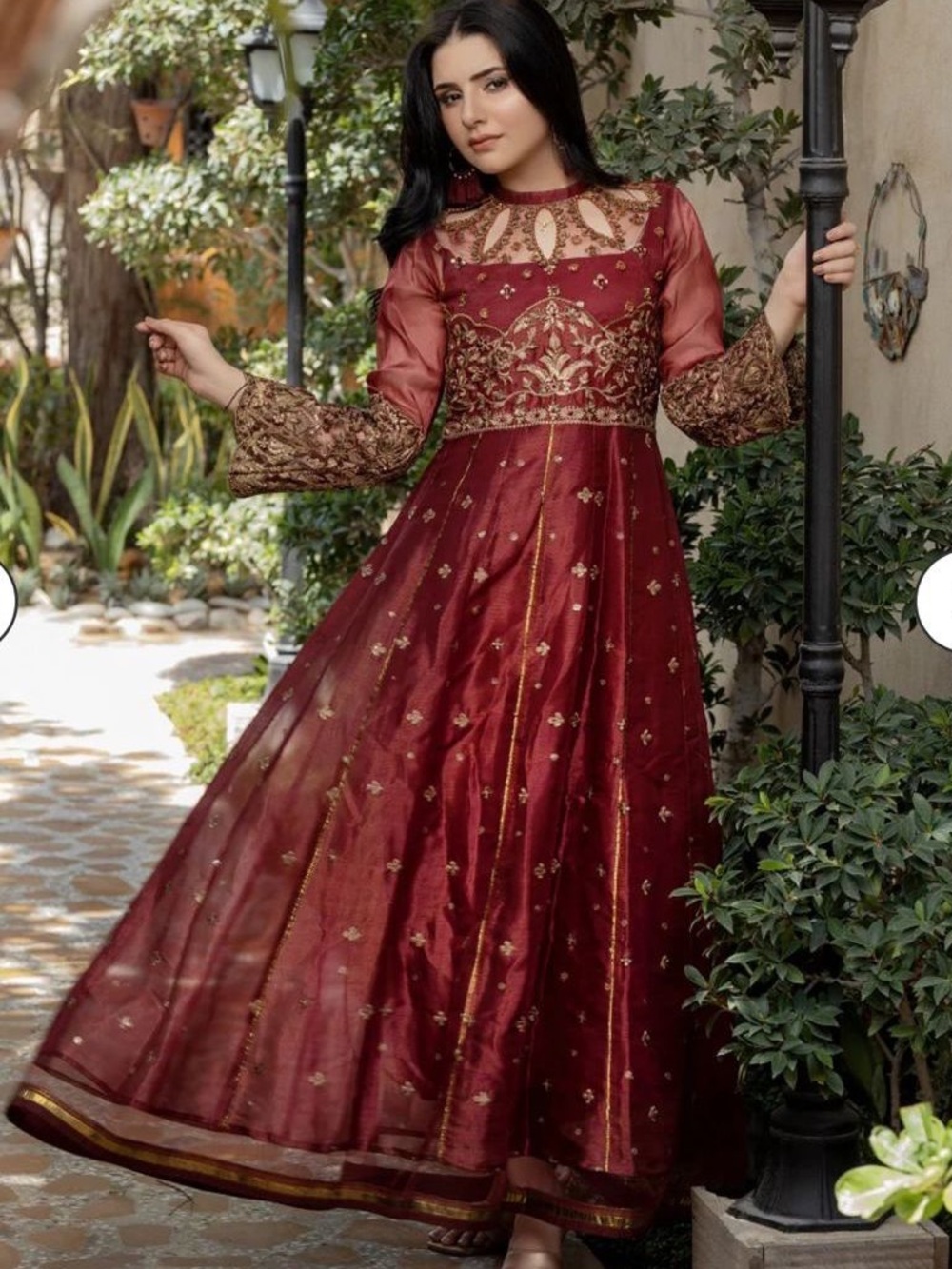 Nakoosh Maroon Burgundy Gold Embroidered Pakistani Maxi Dress